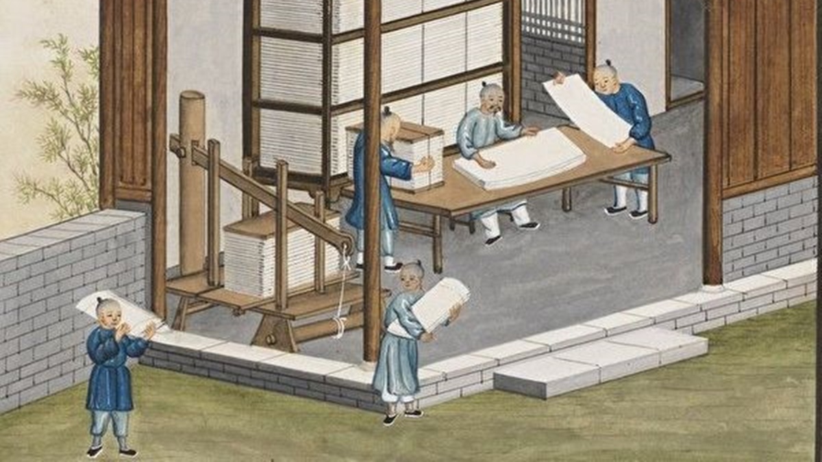 世界を変えた製紙技術は蔡倫によって発明された。絵は乾隆時代にフランスの宣教師・蔣友仁によって描かれた水彩画『中国の製紙術』（パブリックドメイン）