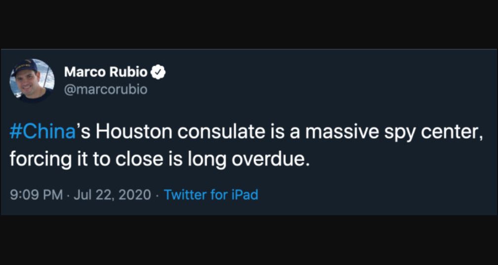 米ルビオ議員はソーシャルメディア・ツイッターの個人アカウントで「ヒューストン中国総領事館はスパイ拠点」とツイートした（スクリーンショット）