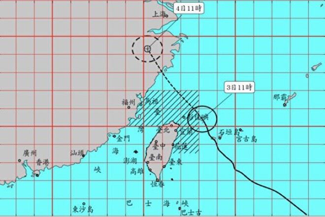 台風4号（Hagupit）は8月3日、中国浙江省南部に上陸する恐れがある（台湾中央気象局より）