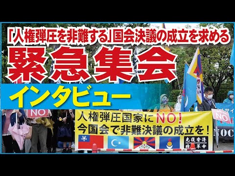 「人権弾圧を非難する」日本国会決議の成立を求め、民族団体らが国会前で緊急集会を行い。5月19日。中国共産党による人権弾圧